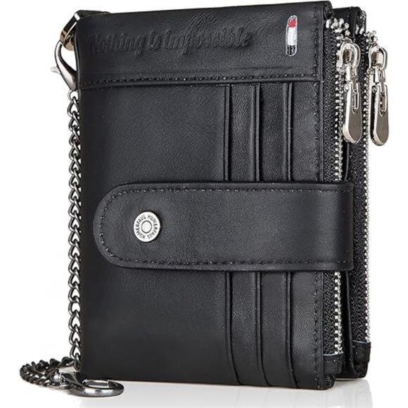 Chain Wallets RFID Wallets for Men Genuine Leather Wallet Zipper Bifold - Picture 7 of 7